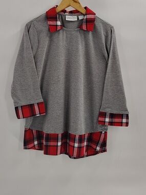 Country Store Catalog Pullover Top Size Large Gray Plaid Trim